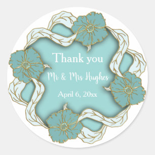Turquoise Monogram bloemenbruiloft dank u Ronde Sticker