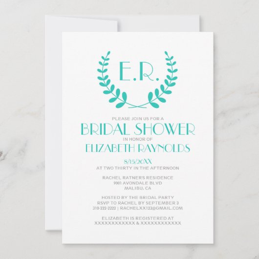 Turquoise Monogram Bridal Shower Invitations Kaart (Voorkant)