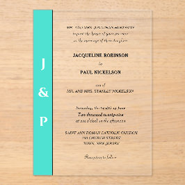 Turquoise Monogram Bruid en Bruidegom Clear Acryl Uitnodigingen