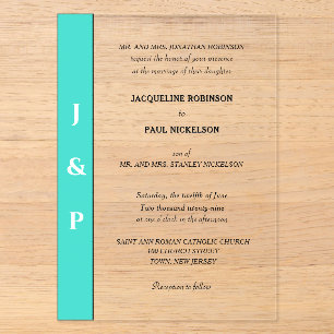 Turquoise Monogram Bruid en Bruidegom Helder Acryl Uitnodigingen