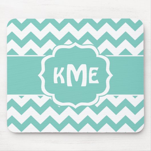 Turquoise monogram chevron stripe muispad muismat (Voorkant)