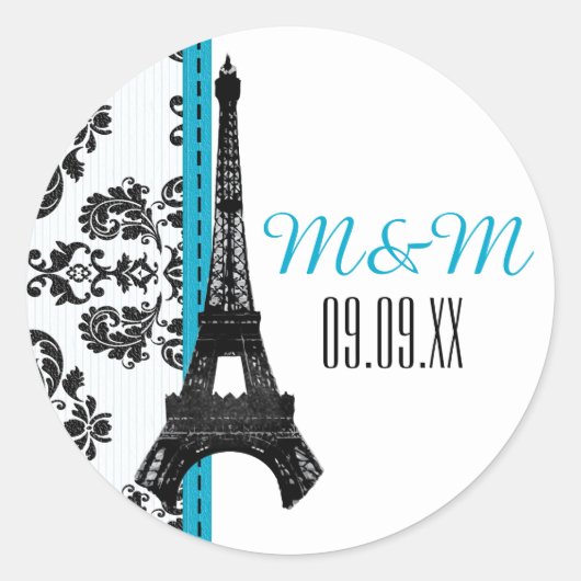 Turquoise Monogram Damask Eiffeltoren Bruiloft Ronde Sticker (Voorkant)