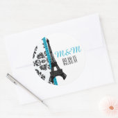 Turquoise Monogram Damask Eiffeltoren Bruiloft Ronde Sticker (Envelop)