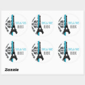 Turquoise Monogram Damask Eiffeltoren Bruiloft Ronde Sticker (Vel)