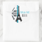 Turquoise Monogram Damask Eiffeltoren Bruiloft Ronde Sticker (Tas)