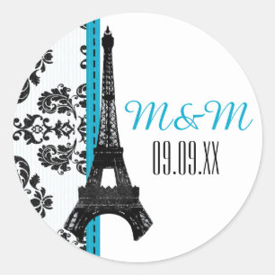 Turquoise Monogram Damask Eiffeltoren Bruiloft Ronde Sticker