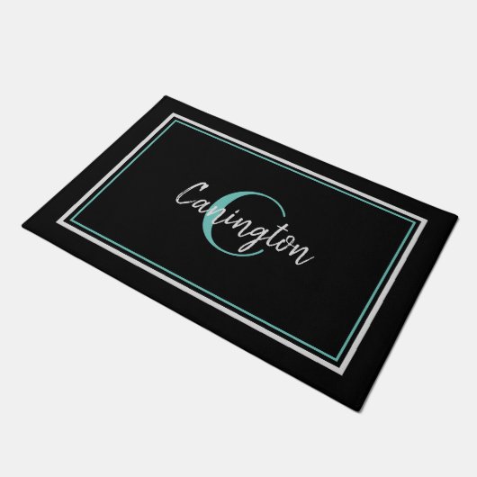 Turquoise Monogram en Familienaam New Home Black Deurmat (Schuin)