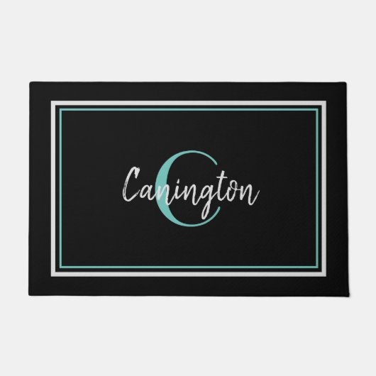 Turquoise Monogram en Familienaam New Home Black Deurmat (Voorkant)