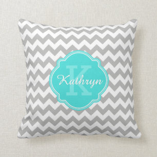 Turquoise Monogram Gray Chevron Pattern Kussen