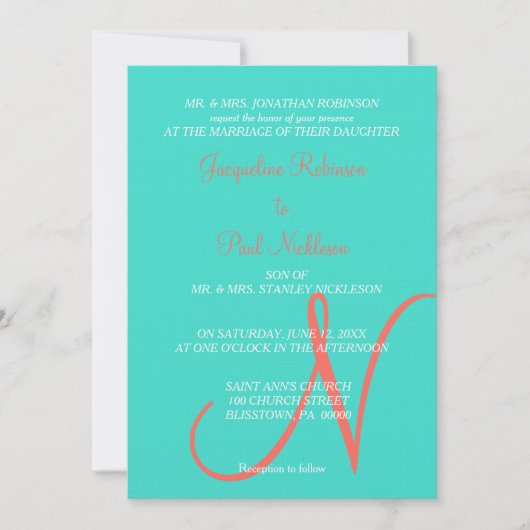 Turquoise Monogram Hearts Kaart (Voorkant)