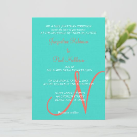 Turquoise Monogram Hearts Kaart (Staand voorkant)