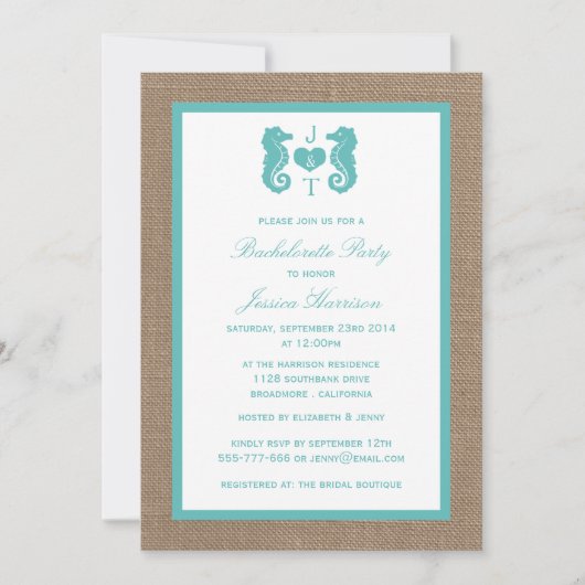 Turquoise Monogram Seahorse Beach Bachelorette Kaart (Voorkant)
