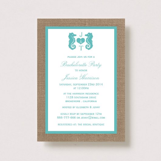 Turquoise Monogram Seahorse Beach Bachelorette Kaart