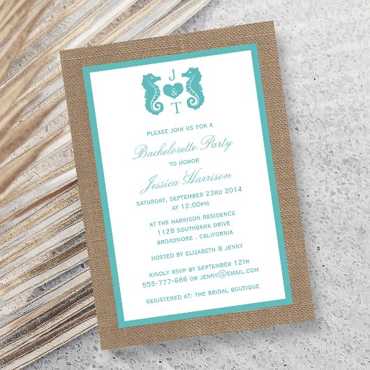 Turquoise Monogram Zeepaard Strand Bruidsmeisjesfe Kaart
