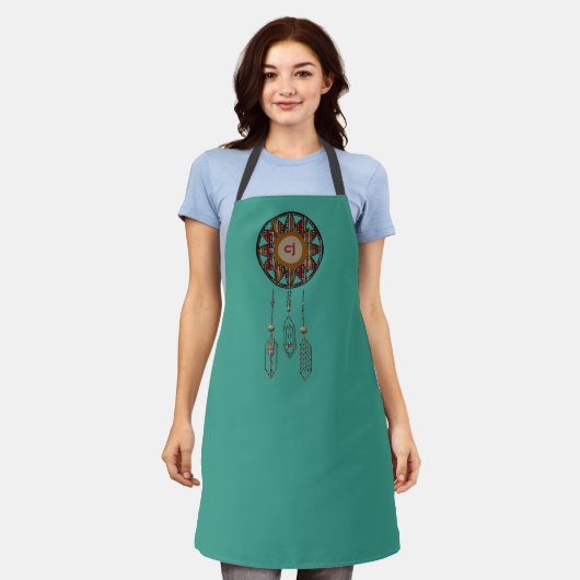 Turquoise Monogrammed Apron met Dreamweaver Schort (Gedragen)