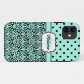 Turquoise Monogrammed Damask Polka Dots Pattern Case-Mate iPhone Case (Achterkant (horizontaal))