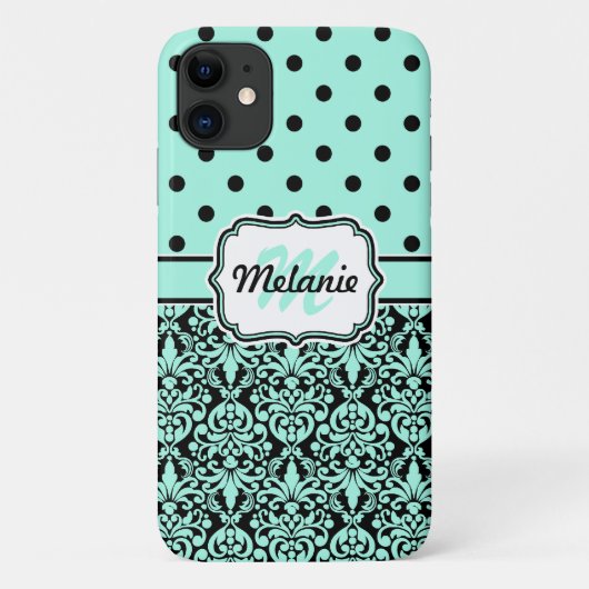 Turquoise Monogrammed Damask Polka Dots Pattern Case-Mate iPhone Case (Achterkant)