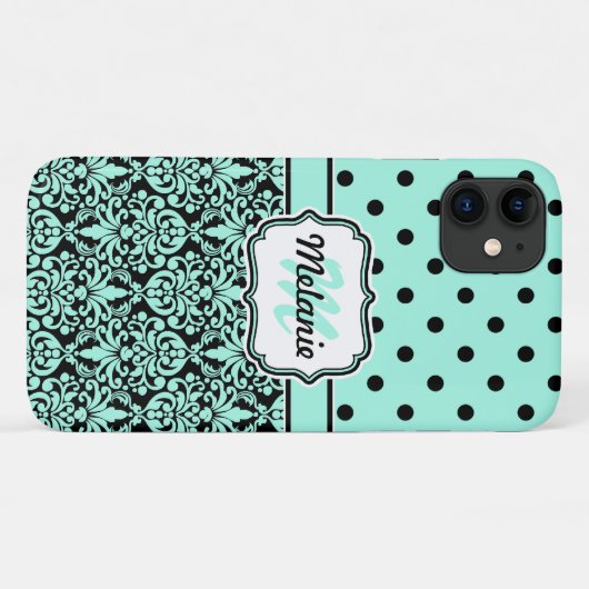 Turquoise Monogrammed Damask Polka Dots Pattern Case-Mate iPhone Case (Achterkant (horizontaal))