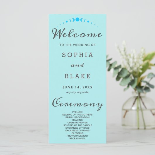 Turquoise Moon Phases Bord Blue Wedding Program (Staand voorkant)