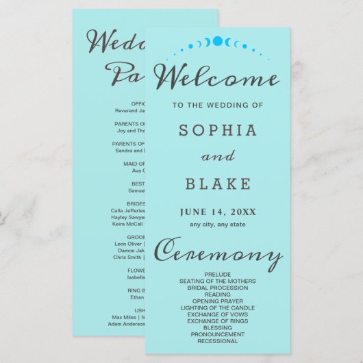 Turquoise Moon Phases Bord Blue Wedding Program (Voorkant / Achterkant)
