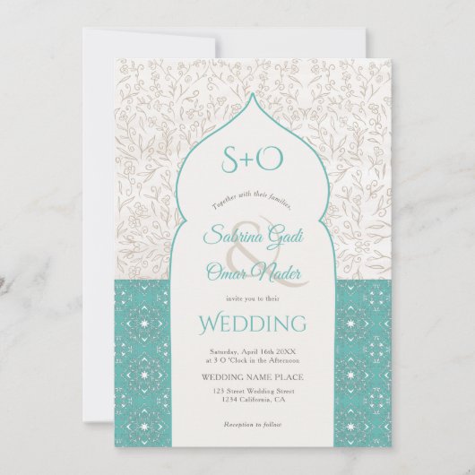 Turquoise Moroccan floral initialen 3 fotobruiloft Kaart (Voorkant)