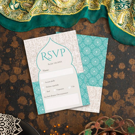 Turquoise Moroccan floral rsvp bruiloft Kaart