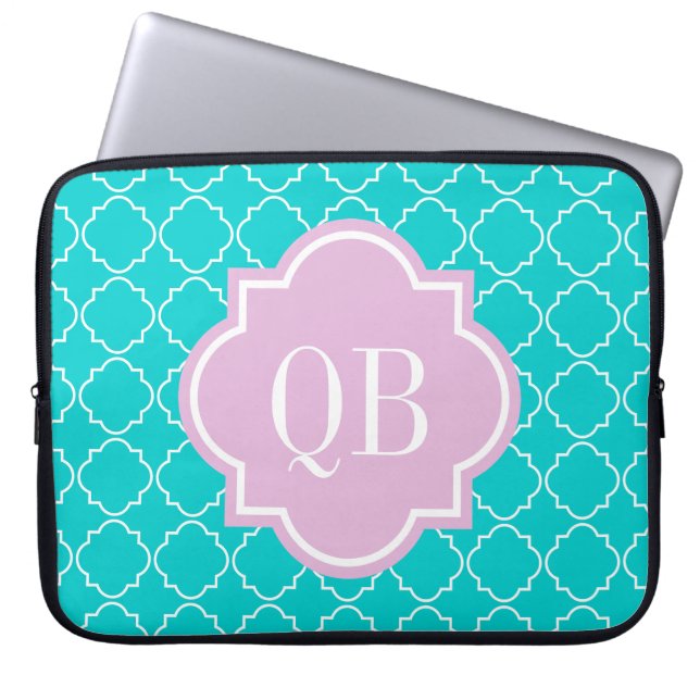 Turquoise moroccan rooster monogram laptophoes laptop sleeve (Voorkant)