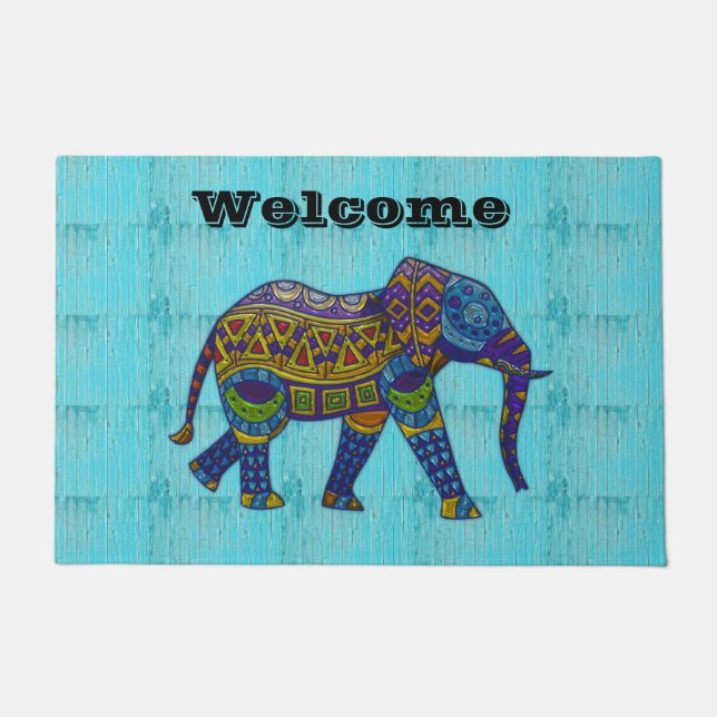 Turquoise Mosaic Elephant door Mat (Voorkant)