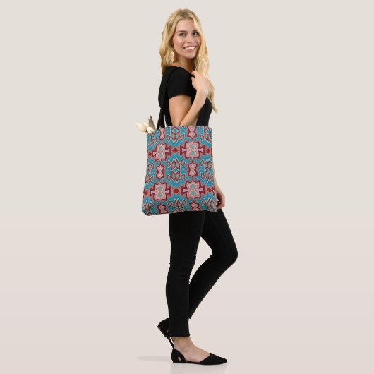 Turquoise Multi Tribal Inspired Shapes Tote Bag (Op model)