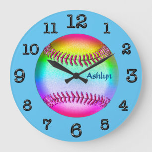 Turquoise Multicolored Softball Clock, JOUW NAAM Grote Klok
