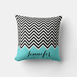 Turquoise munt met zwart-wit Chevron Custom Kussen