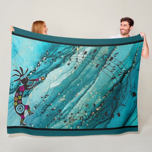 Turquoise Muzieknoten Kokopelli Fleece Blanket (In situ)
