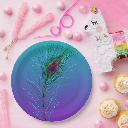 Turquoise naar Paarse Pauwveer Papieren Bordje (Feest)