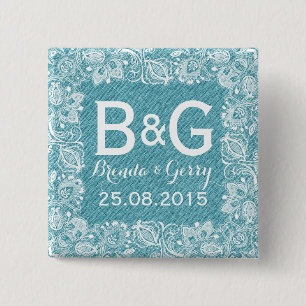 Turquoise namaak linnen & witte bloemslace frame vierkante button 5,1 cm