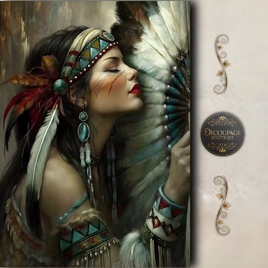 Turquoise Native Woman Fan Decoupage Tissuepapier