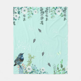 Turquoise Nature Watercolor Bird and Eucalyptus  Fleece Deken