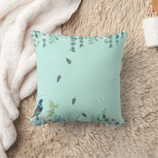 Turquoise Nature Watercolor Bird and Eucalyptus  Kussen