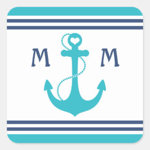 Turquoise Nautical Heart Anchor Vierkante Sticker