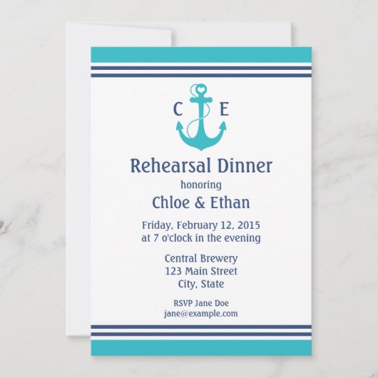 Turquoise Nautical Rehearsal Dinner Kaart (Voorkant)