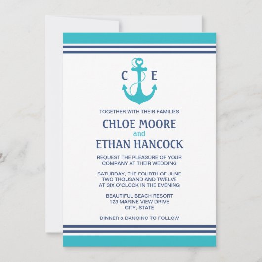 Turquoise Nautical Wedding Invitations Kaart (Voorkant)