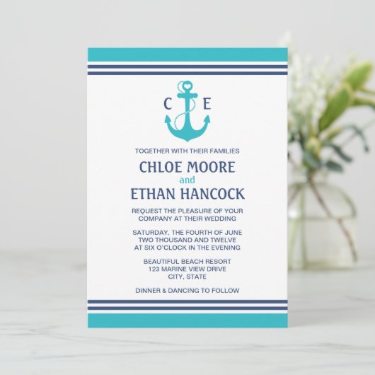 Turquoise Nautical Wedding Invitations Kaart (Staand voorkant)