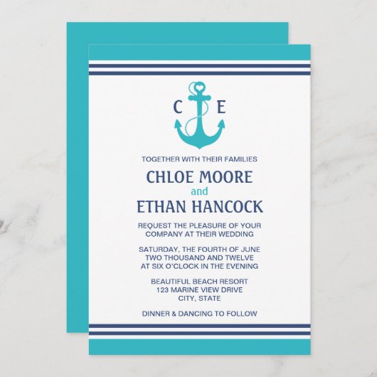 Turquoise Nautical Wedding Invitations Kaart (Voorkant / Achterkant)