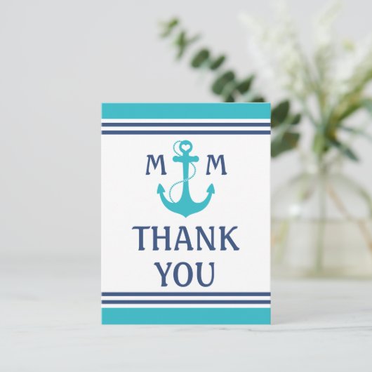 Turquoise Nautisch Hart Anker Dank u Briefkaart (Staand voorkant)