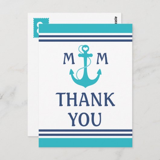 Turquoise Nautisch Hart Anker Dank u Briefkaart (Voorkant / Achterkant)