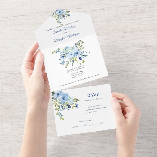 Turquoise & Navy Blauwe Waterverf Bloemen | All In One Uitnodiging (Afscheurbaar)