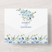 Turquoise & Navy Blauwe Waterverf Bloemen | All In One Uitnodiging (Achterkant)