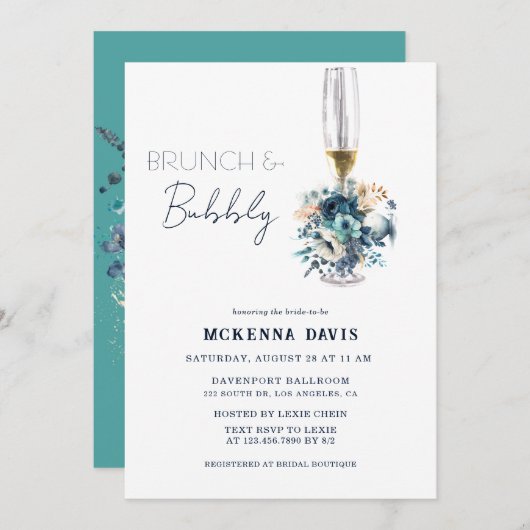 Turquoise Navy Blue Floral Brunch en Bubble Kaart (Voorkant / Achterkant)