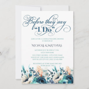 Turquoise Navy Blue Floral Couples Wedding Shower Kaart