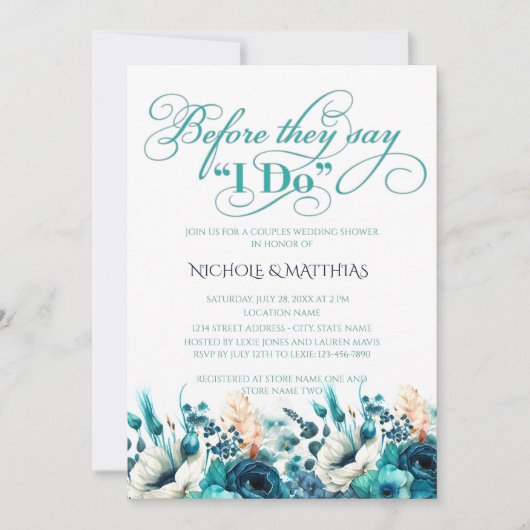 Turquoise Navy Blue Floral Couples Wedding Shower Kaart (Voorkant)