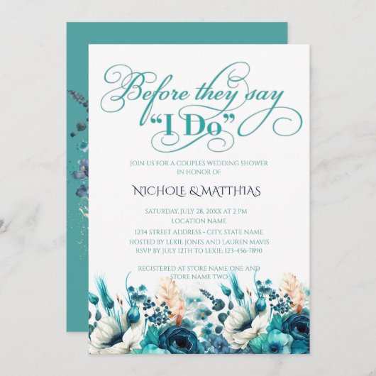 Turquoise Navy Blue Floral Couples Wedding Shower Kaart (Voorkant / Achterkant)